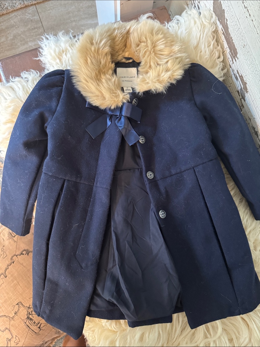 Janie and Jack Navy Pea Coat with Faux Fur Tan Collar and Bow